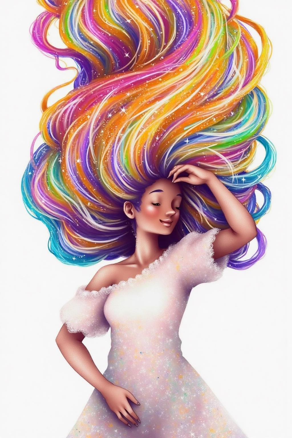 illustration. 
A young woman with a serene, ethereal appearance. She has long, flowing hair that transitions through a vibrant spectrum of colors including bright pink, orange, yellow, green, blue, and purple, with sparkling, star-like particles embedded in the strands. Her hair flows upwards and outwards, creating a sense of motion and energy.
 <lora:alicesa1_cap_d6a3:1.0><lora:830697987304056062:0>