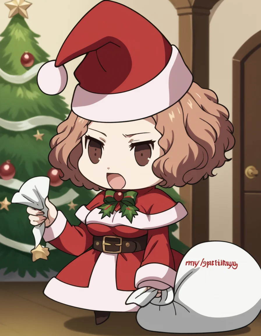 score_9, score_8_up, score_7_up, source_anime, <lora:haru-okumura-s1-ponyxl-lora-nochekaiser:1>, haru okumura, brown eyes, brown hair, short hair, medium breasts, anime screencap, <lora:padoru-ponyxl-lora-nochekaiser:1>, padoru, padoru (meme), holding sack, sack, santa hat, meme, christmas, open mouth, chibi, red capelet, santa dress, capelet, fur-trimmed headwear,, , dutch angle, cowboy shot