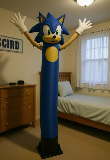 <lora:Wacky_Waving_Inflatable_Arm_Flux_Man-000009:0.9>
The image is a photograph of a very tall, inflatable Sonic the Hedgehog with wavy raised arms in a bedroom setting.
