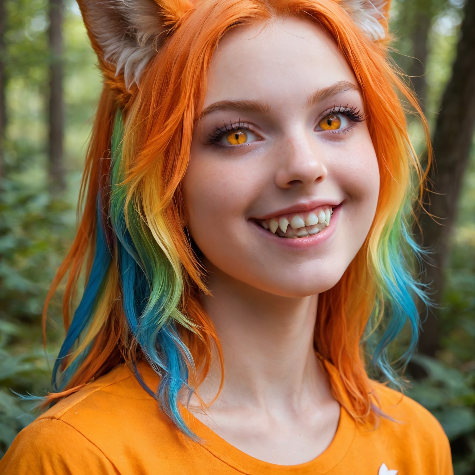 score_9, score_8_up, score_7_up, high quality, realistic, masterpiece, 
solo, androgynies, close up, orange fox tail, animal ears, fox ears, animal ear fluff, rainbow hair, wavy_flipped, amber eyes, slit Pupils, f4ng, small fangs, fangs, orange T-shirt, cloud print, forest,
smile,