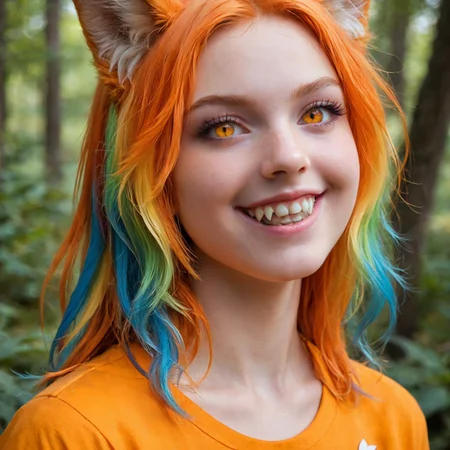 score_9, score_8_up, score_7_up, high quality, realistic, masterpiece,
solo, androgynies, close up, orange fox tail, animal ears, fox ears, animal ear fluff, rainbow hair, wavy_flipped, amber eyes, slit Pupils, f4ng, small fangs, fangs, orange T-shirt, cloud print, forest,
smile,