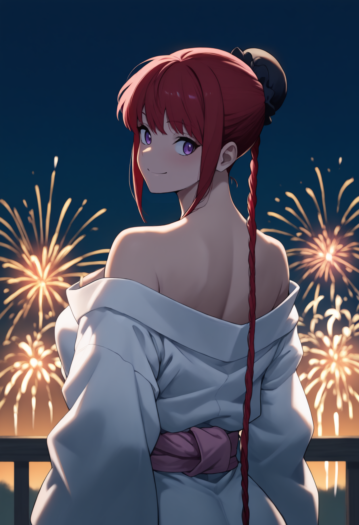 masterpiece, best quality, newest, anime, from behind, solo, 1girl, smile, looking back, long hair, red hair, sidelocks, braided ponytail, single hair bun, bun cover, purple eyes, japanese clothes, white kimono, off shoulder, pink sash, bare shoulders, outdoors, night, fireworks
<segment:yolo-Anzhc Face seg 640 v2 y8n.pt,0.4,0.5//cid=1>
