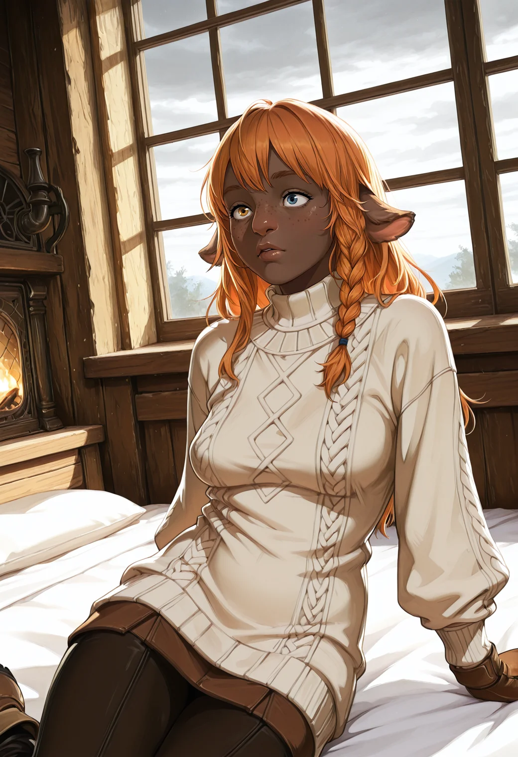 very awa, flat_colors, anime_coloring, anime_style, [sei shoujo], [yoshiten], style parody, [bang dream!], [arcane: league of legends], [league of legends], (dynamic angle:1.3), (cowboy shot:1.2) BREAK 1girl, solo, <lora:Firbolg:0.7> (Firbolg:1.3), furry, (big nose:1.2), animal ears, (sidewise floppy ears), deep ginger hair, side braid hair, heterochromia eyes, freckles, body freckles , oily skin, (very dark skin:1.2), athletic body, thick waist,, perky breasts, perfect hands, moist lips, (amazed), breathe BREAK wearing long sleeved (detailed light orange_red aran sweater), mittens, lowleg skirt, work boots, BREAK medieval, fantasy, indoors, provincial house, (wood walls), cobblestone floors, bed room, tall windows, treacherous swamp, water outside window, curtains, reclining, sitting, yokozuwari , arms resting, against bed, spring_(season), dawn, warm soft light, long shadows, grey sky, overcast, cloudy sky,, cinematic lighting BREAK <lora:Expression_Detailer_Illustrious_Lora:0.7> <lora:DarkerThanDarkIllustriousV1:0.5> <lora:Relatively_Default_V1_Illu_Edition:0.6> RD-Illu