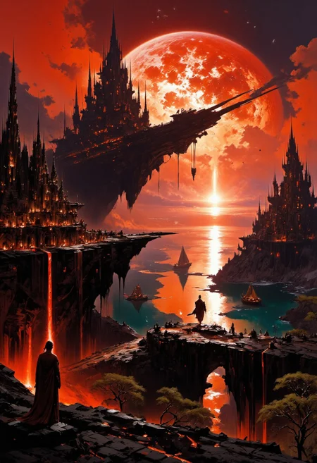 hyper realistic and highly detailed, highly dynamic cinematic panorama view, sea coast, sunset at sea, calm weather, sailing ships on the horizon, a beautiful ship with sails stands in the bay, 17th century, the bay ends on a cliff, a beautiful small castle with towers stands on the cliff, a masterpiece, the first stars appear in the sky, beautiful clouds on the horizon, a girl stands on a birch tree, a beautiful dress on the girl, the dress flutters in the wind, the girl looks at the sea, a fairy-tale world, the sun of red light, the red light of the sun covered all space