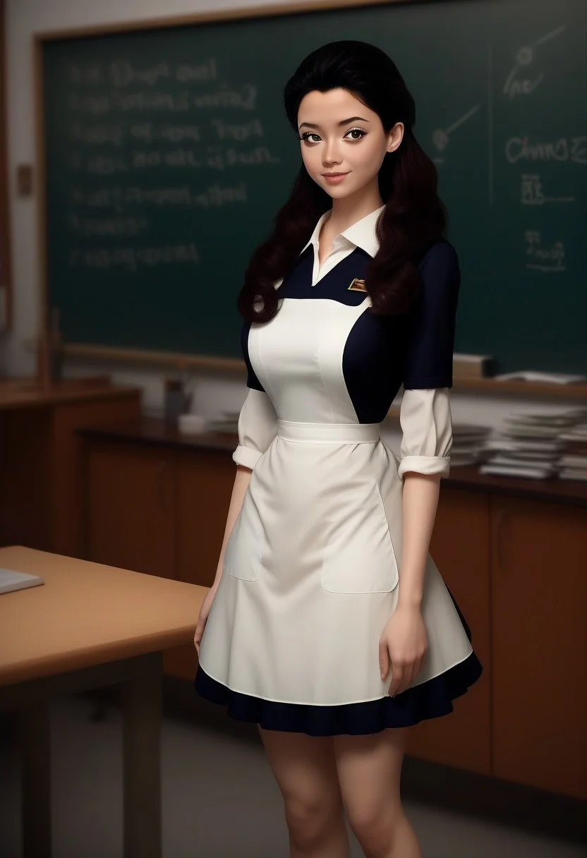 princess hildegard, brown eyes, black hair, 1girl, solo, best quality, (3/4 view:1.5), full body view,gorgeous 18 year old , narrow face, high cheekbones, sexy, long wavy ginger hair,perfecteyes, pale skin, freckles, (soviet school uniform), brown uniform, white lace collar, short skirt, small white apron, detailed face, (happy smile:0.9), long slim legs, breathtaking, charm, award winning photography, ((in a classroom, blackboard))