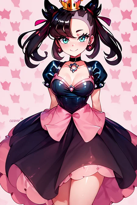 score_9, score_8_up, score_8, medium breasts, (curvy), cute, eyelashes, BREAK, , zzShadowHimeMarnieCitron, super crown, black hair, twintails, asymmetric bangs, crown, black dress, pink gemstone, pink waist bow, bangs, dress, jewelry, short sleeves, earrings, choker, black dress, black choker, <lora:ShadowHimeMarnie_CitronOC_PDXL_v2:0.8>,, BREAK, smile, closed mouth, looking at viewer, cowboy shot, ,,, embedding:zPDXL, Expressiveh, ,,, <lora:Puppypaww_Style_PDXL_v2:0.8>, <lora:SDXLFaeTastic2400:0.5>, <lora:Expressive_H-000001:0.4>,