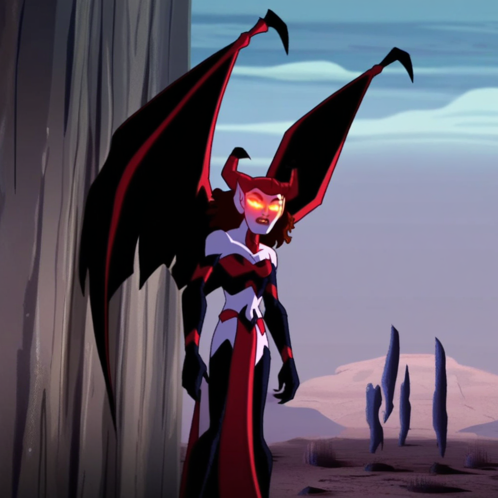 score_9, solo, darklillith, horns, glowing eyes, wings, pointy ears