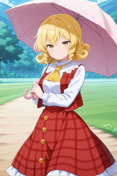 absurdres, highres, masterpiece, best quality, amazing quality, official anime artwork, screencap, anime screencap, outdoors, dynamic pose,
<lora:Elly_Illustrious:1> elly, 1girl, solo, yellow eyes, blonde hair, curly hair, short hair,,
<lora:Yuuka-Kazami_Illustrious:0.5> kazami yuuka (cosplay) red vest, plaid vest, white shirt, long sleeves, red skirt, plaid skirt, frilled skirt, yellow ascot, holding umbrella, open vest,