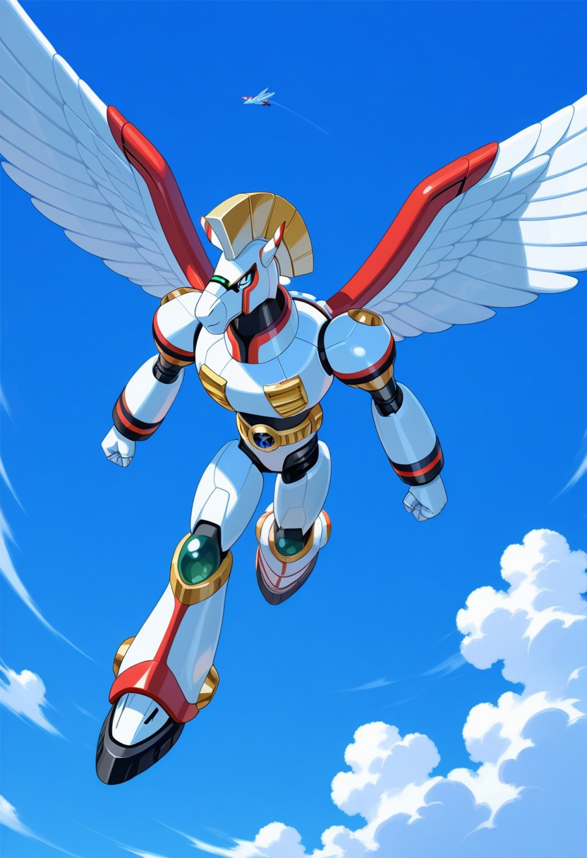 Spiral Pegasus, reploid, MMX, 
exterior, blue sky with clouds, flying, sky, robot, bright vivid colors, deep metallic colors, glossy metal body, wings,
BREAK, masterpiece, best quality, amazing quality, very aesthetic, highres, absurdres,