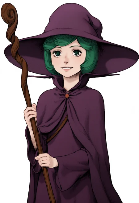score_9, score_8_up, score_7_up, source_anime BREAK, 1girl, solo, white background, <lora:DX888Schierke:1>, schierke, bob cut, green hair, green eyes, witch, witch hat, cloak, staff, holding staff, cowboy shot, smile,
