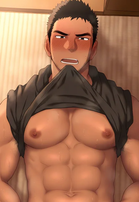 <lora:shibaSDXL:1>, best quality, masterpiece, shiba yuuji, bara, muscular male, male focus, nipples, large pectorals, 1boy, facial hair, armpit hair, bare pectorals, stubble, clothes lift, short hair, on back, sweat, mature male, lying, abs, sideburns, upper body, open mouth, black hair, sweatdrop, black shirt, implied masturbation, sleeves rolled up, blush, pectoral focus, implied sex, out-of-frame censoring, indoors, dark-skinned male