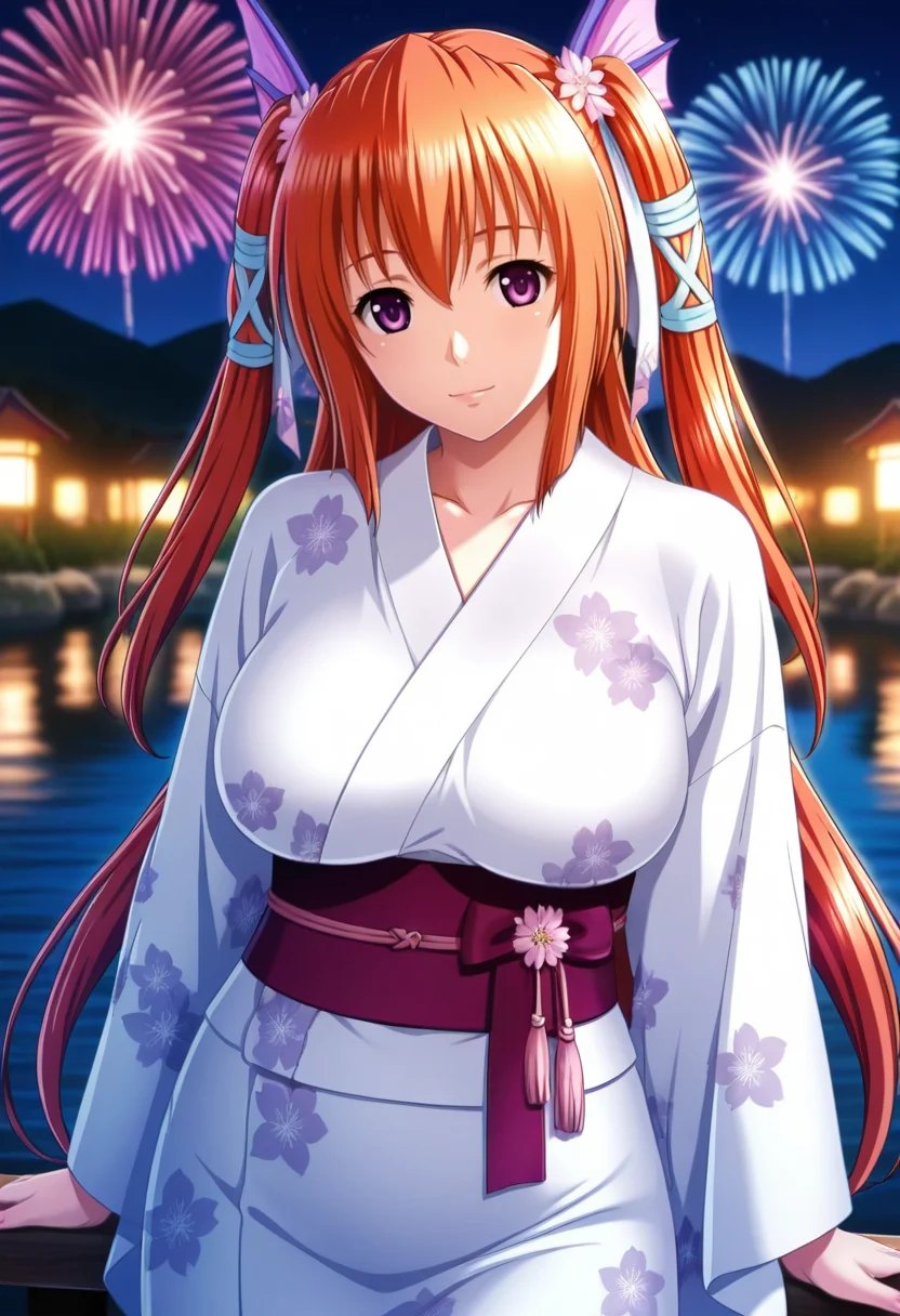 masterpiece, best quality, amazing quality,rosalyn, purple eyes, orange hair, twintail, long hair, head fins,hair ribbon, mature female,1girl, solo, breasts,large breasts,japanese clothes, yukata,white kimono,light smile, standing, looking at viewer, cowboy shot, outdoors, lake, aerial fireworks, night, blurry background <lora:rosalynV1:0.9>