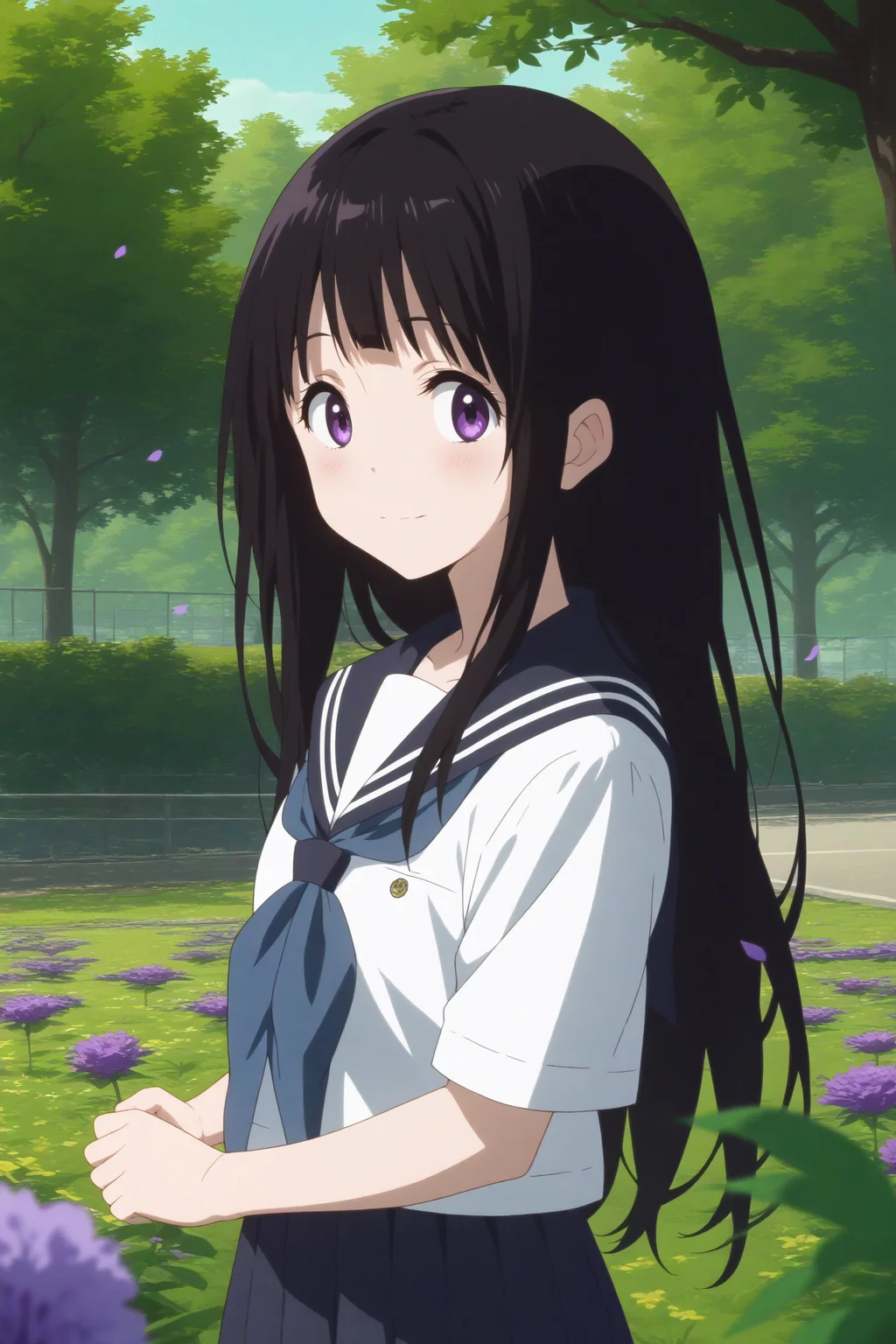 1girl,solo,eru chitanda,long hair,school uniform,kamiyama high school uniform (hyouka),serafuku,looking at viewer,bangs,outdoors,purple flower,purple petal flying around,dutch angle,
consistent background,smiling,blush, lot of flowers <lora:Eru_Chitanda_-_Hyouka.safetensors:0.8>