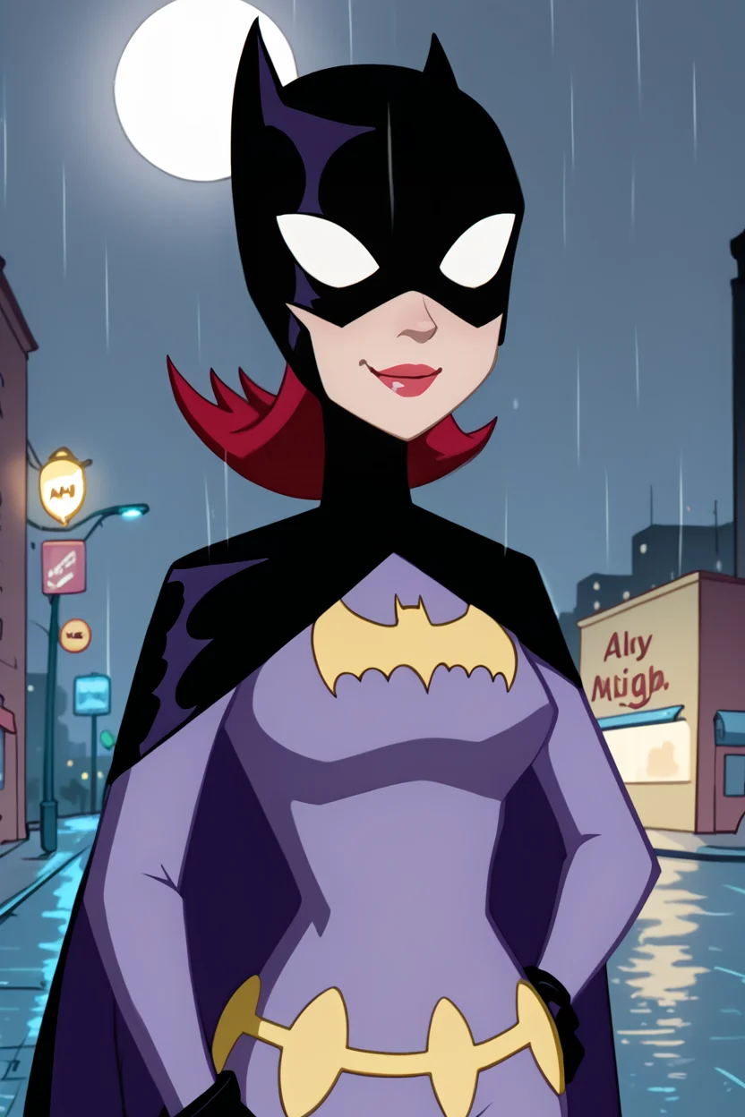 batgirl, 1girl, solo, smile, mask, (white eyes, no pupils:0.9), red hair, lipstick, red lips, black cape, bat print, purple bodysuit, utility belt, black gloves, looking at viewer, upper body, raining, rain, night, city, street, moon, zPDXL, <lora:Batgirl:0.85>, <lora:LeisureSuitLarry-WD-PonyXL-V1:0.8>