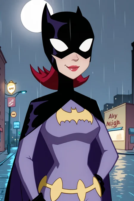 batgirl, 1girl, solo, smile, mask, (white eyes, no pupils:0.9), red hair, lipstick, red lips, black cape, bat print, purple bodysuit, utility belt, black gloves, looking at viewer, upper body, raining, rain, night, city, street, moon, zPDXL, <lora:Batgirl:0.85>, <lora:LeisureSuitLarry-WD-PonyXL-V1:0.8>