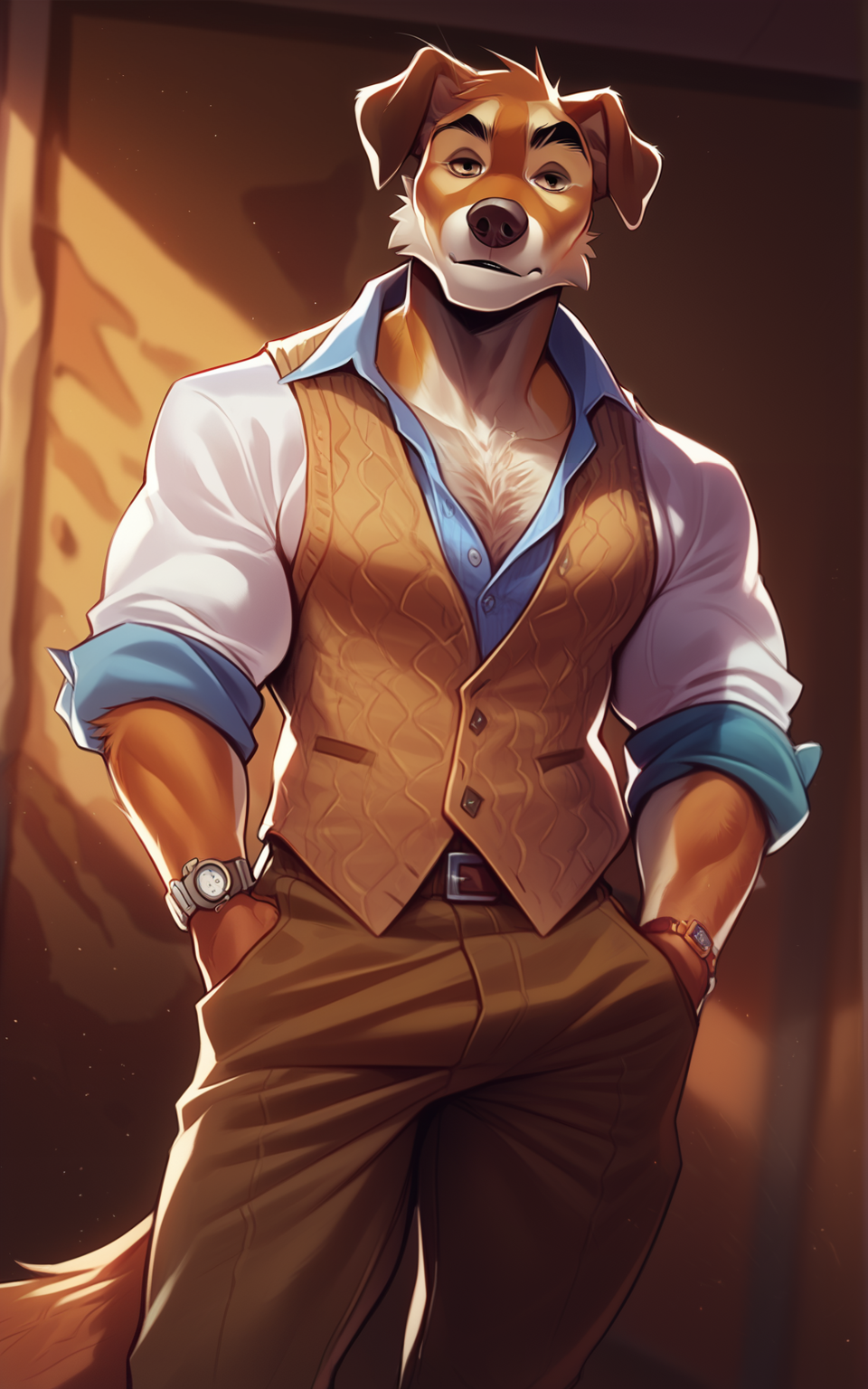 score_9, score_8_up, score_7_up, by furlana, domestic dog, canine, canid, 1boy, male focus, solo, furry male, vest, furry, chest hair, animal ears, muscular male, shirt, muscular, pectoral cleavage, bara, pants, watch, tail, pectorals, brown pants, partially unbuttoned, sleeves rolled up, wristwatch, hands in pockets, white shirt, looking at viewer, collared shirt, short hair, brown vest