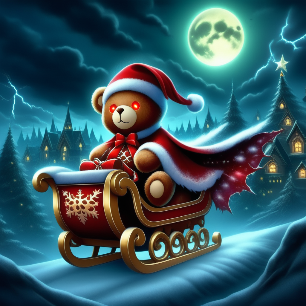 anime artwork   <lora:Christmas-Rockin_teddies_sdxl1.0:1> xmastedx,Horror-themed an emo teddy bear wearing a Santa outfit and a santa hat, he has a flying christmas sleigh, glowing red eyes, tattered velvet cape, jagged toys, in the sleigh, stormy Christmas Eve, dark clouds, lightning, glowing moon, dramatic lighting, low-angle shot, eerie shadows, vibrant contrasts, gothic aesthetic, night sky . anime style, key visual, vibrant, studio anime,  highly detailed