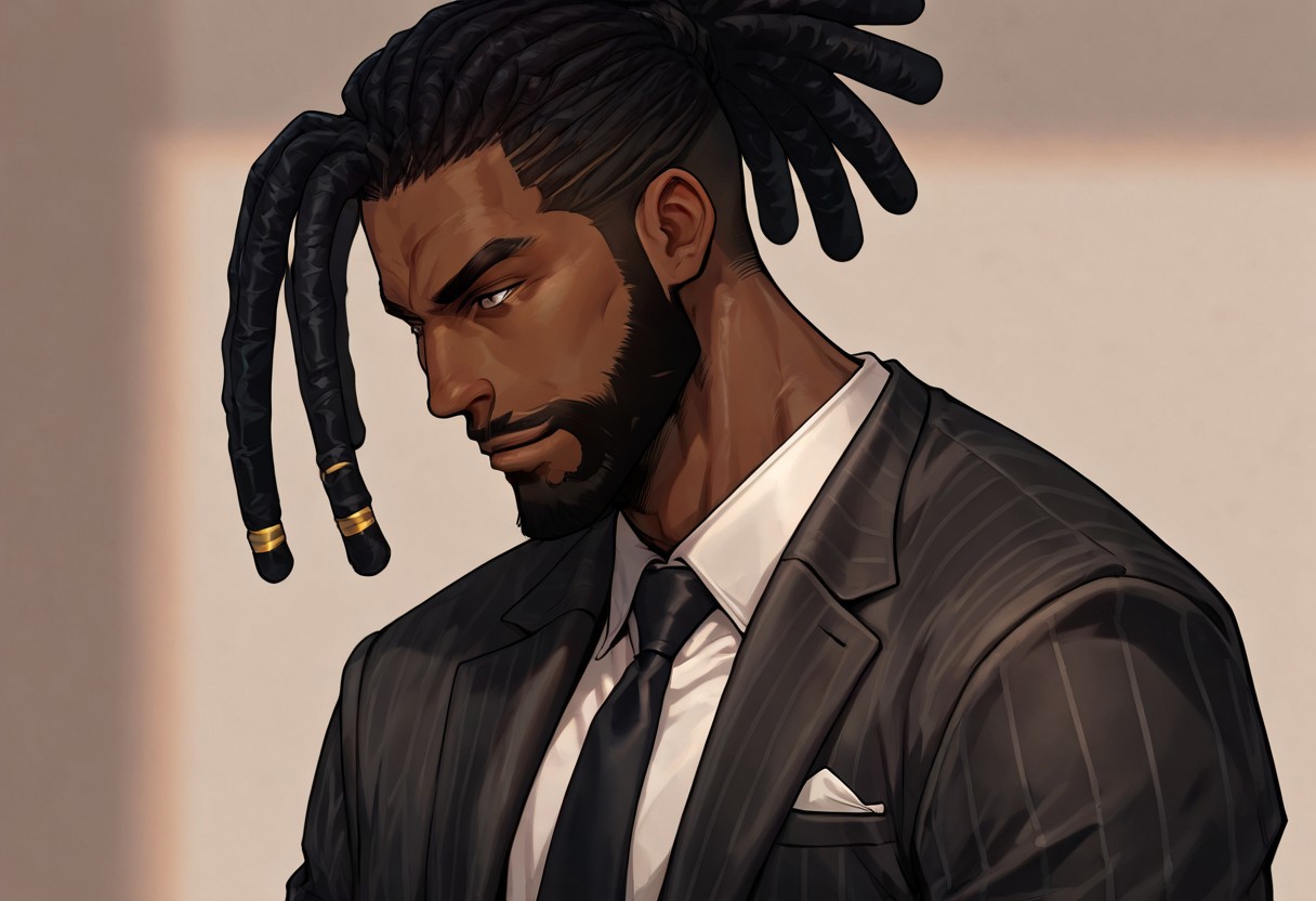 masterpiece, best quality, newest, absurdres, highres, FCMXV1.0, 1boy, DLPT-V1.0, dreadlocks, ponytail, tied hair, solo, male focus, dark-skinned male, suit, black hair, beard, facial hair,