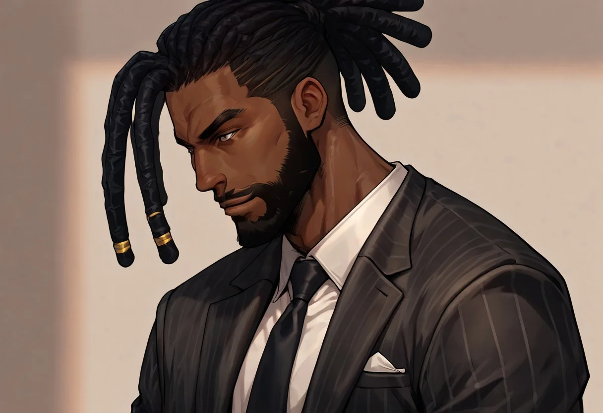 masterpiece, best quality, newest, absurdres, highres, FCMXV1.0, 1boy, DLPT-V1.0, dreadlocks, ponytail, tied hair, solo, male focus, dark-skinned male, suit, black hair, beard, facial hair,