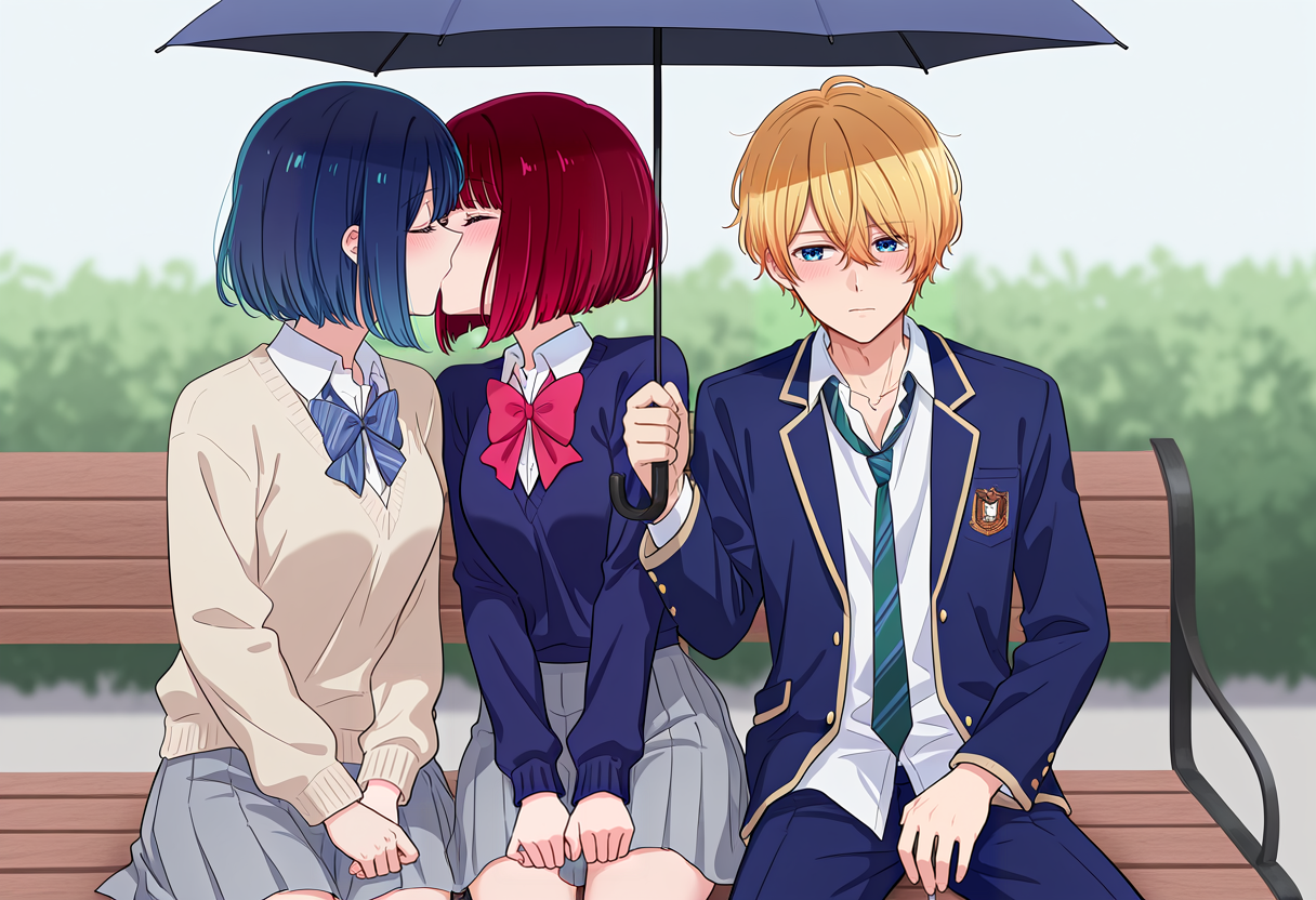 masterpiece, high quality, amazing detail, guy_holding_umbrella_over_kissing_couple_(meme), blush, 1boy, 2girls, hoshino aquamarine, kurokawa akane, arima kana, sitting, school uniform, closed eyes, umbrella, kiss, holding umbrella, bench,  <lora:guy_holding_umbrella_over_kissing_couple_meme:0.8>