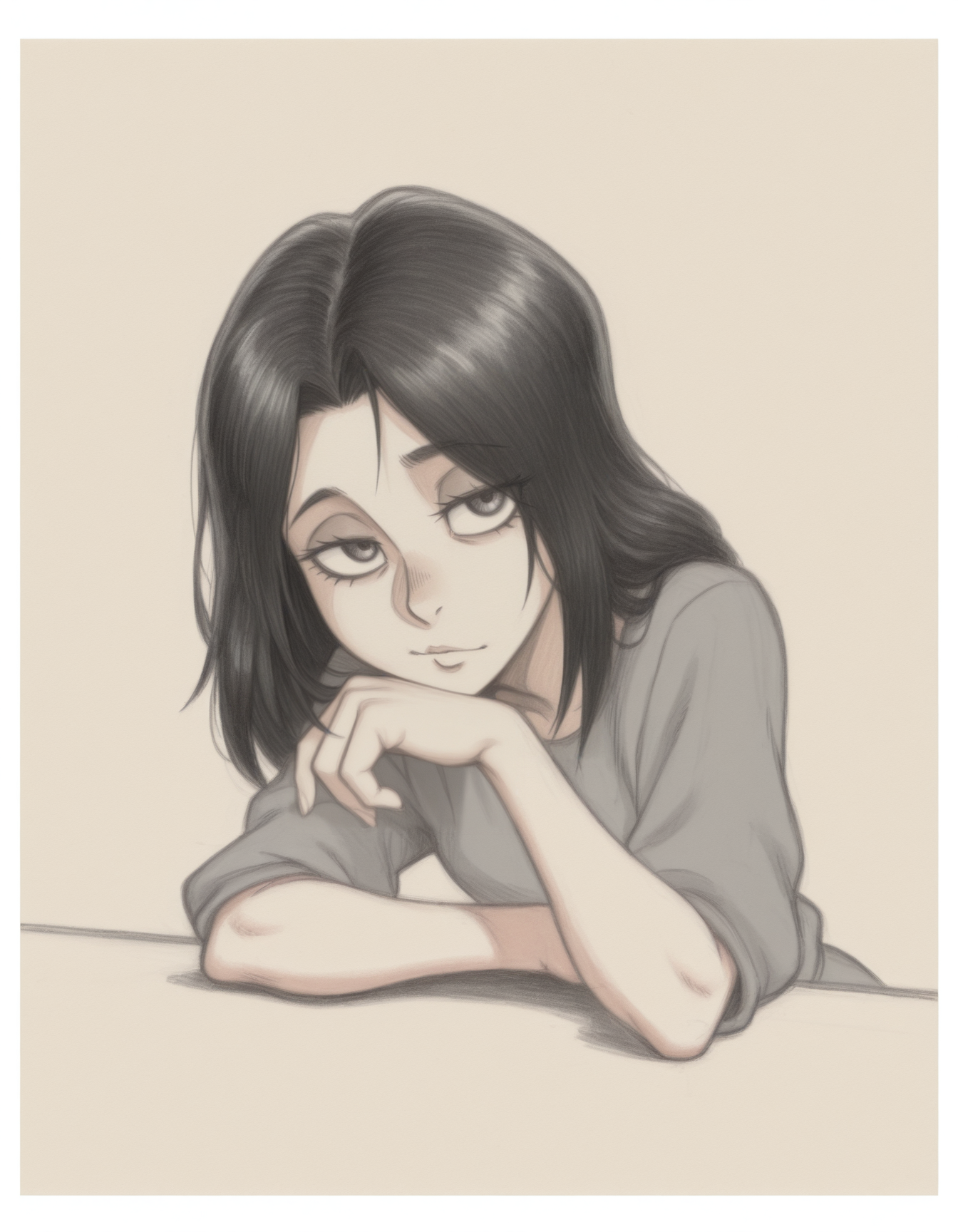masterpiece, best quality, simple background, white border, 1girl, solo, <lora:anatomy_helper:0.8>
<lora:BranSant:0.9> bransant, traditional media, graphite \(medium\), limited palette, 
leaning on table, one hand resting, one hand relaxed, looking at viewer, eye visible, detailed hands, medium shot, casual expression, pieck finger, shingeki no kyojin