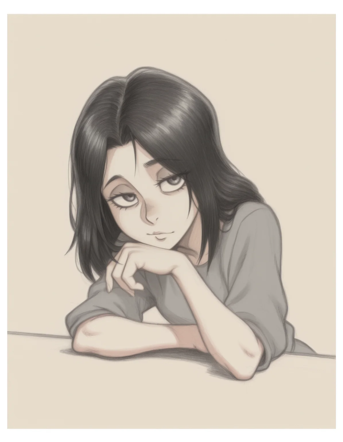 masterpiece, best quality, simple background, white border, 1girl, solo, <lora:anatomy_helper:0.8>
<lora:BranSant:0.9> bransant, traditional media, graphite \(medium\), limited palette, 
leaning on table, one hand resting, one hand relaxed, looking at viewer, eye visible, detailed hands, medium shot, casual expression, pieck finger, shingeki no kyojin