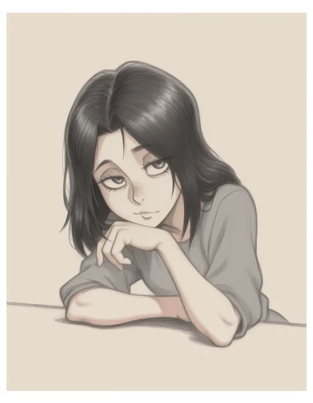 masterpiece, best quality, simple background, white border, 1girl, solo, <lora:anatomy_helper:0.8>
<lora:BranSant:0.9> bransant, traditional media, graphite \(medium\), limited palette,
leaning on table, one hand resting, one hand relaxed, looking at viewer, eye visible, detailed hands, medium shot, casual expression, pieck finger, shingeki no kyojin