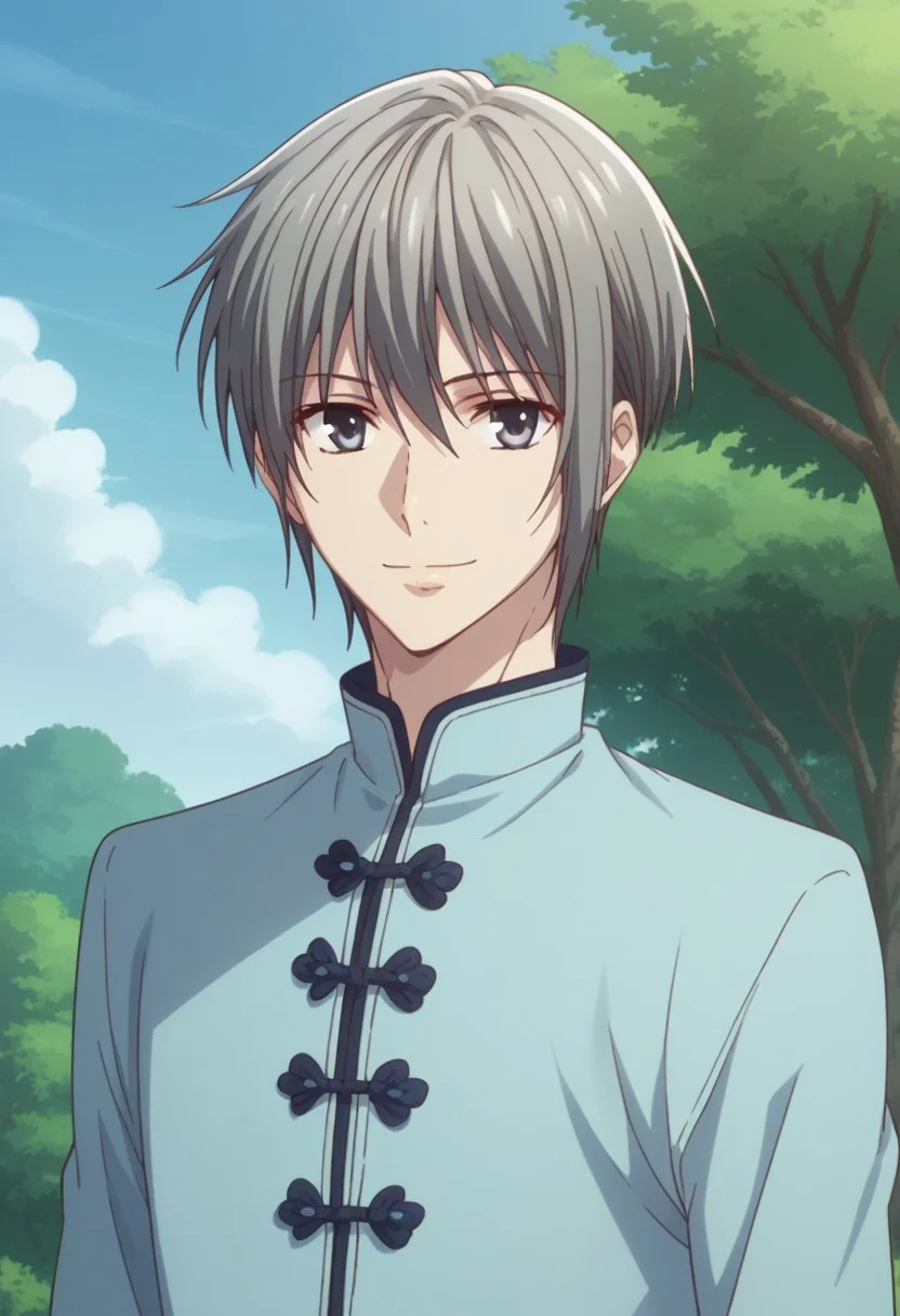 score_9, score_8_up, score_7_up, source_anime, highly detailed,
yukisohma, 1boy, male focus, solo, upper body, grey hair, grey eyes,
looking at viewer, standing, chinese clothes, smile, pants,
outdoor, sky, tree
