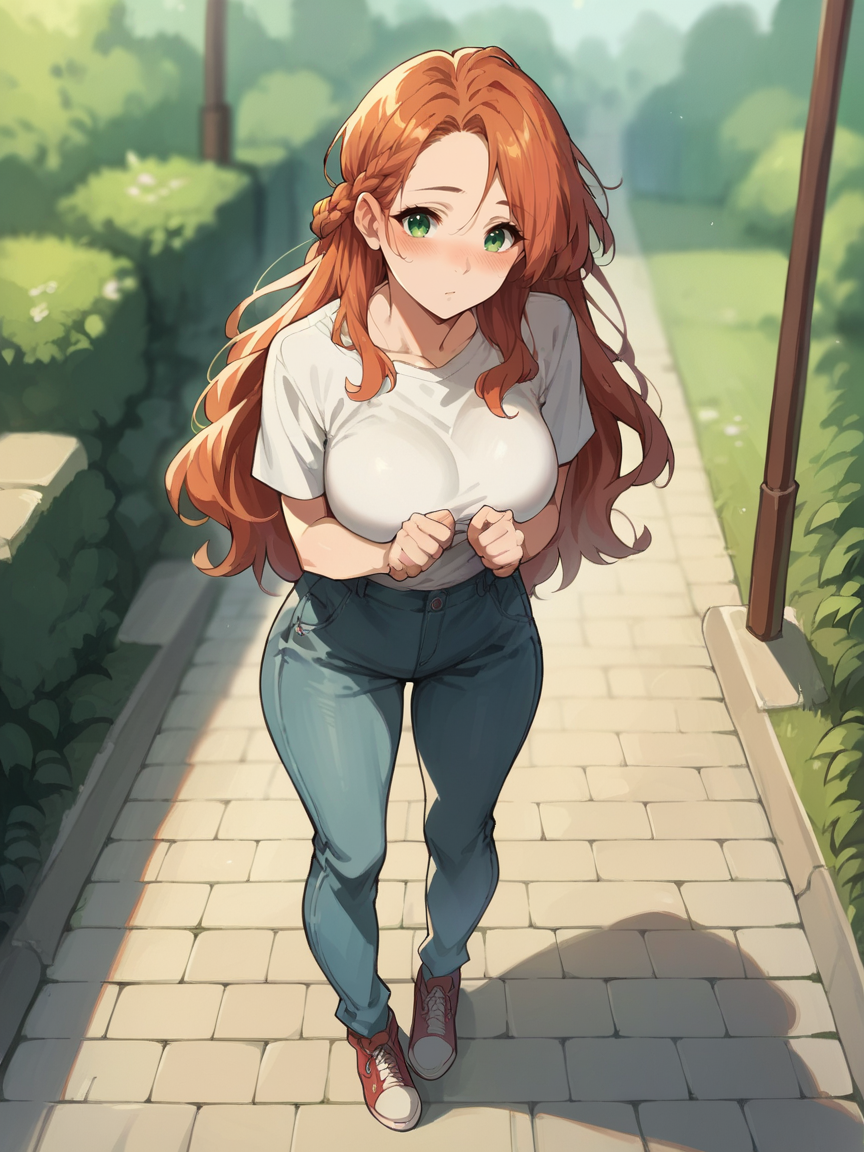 score_9, score_8_up, score_7_up, score_6_up, score_5_up, score_4_up, cute, green eyes, ginger hair, blush, curvy, large breasts, long hair, v10l3t,  <lora:v10l3tXLP:0.7> full body,