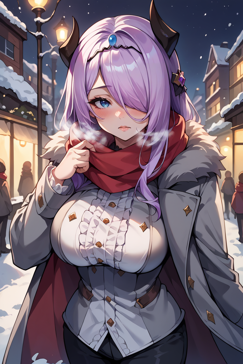 score_9, score_8_up, score_7_up, score_6_up, source_anime, 1girl, solo, <lora:victoria-pdxl-nvwls-v1-000005:1> victoria, lavender hair, hair over one eye, horns, tiara, big breasts, grey coat, winter coat, red scarf, black pants, night, snow, looking at you, city, blush, visible breath, white shirt, frilled shirt