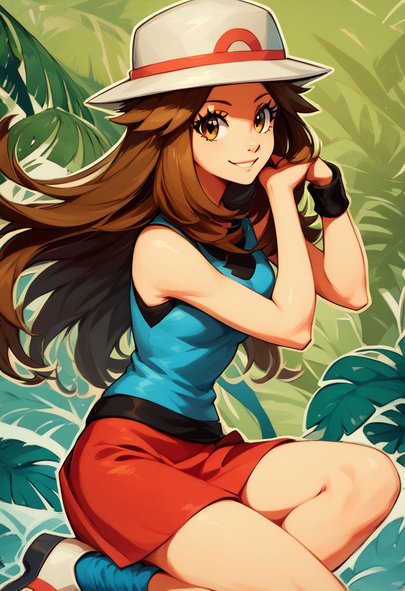 score_9, score_8_up, score_8, medium breasts, (curvy), cute, eyelashes,     
rating safe, 
BREAK,
zzleaf, brown eyes,  brown hair, long hair,  hat, long hair, blue shirt, sleeveless, wristband, red skirt, blue socks, white footwear,
BREAK,
smile, looking at viewer, 
green theme, 
abstract background, tropical jungle background, white outline, 
zPDXL,