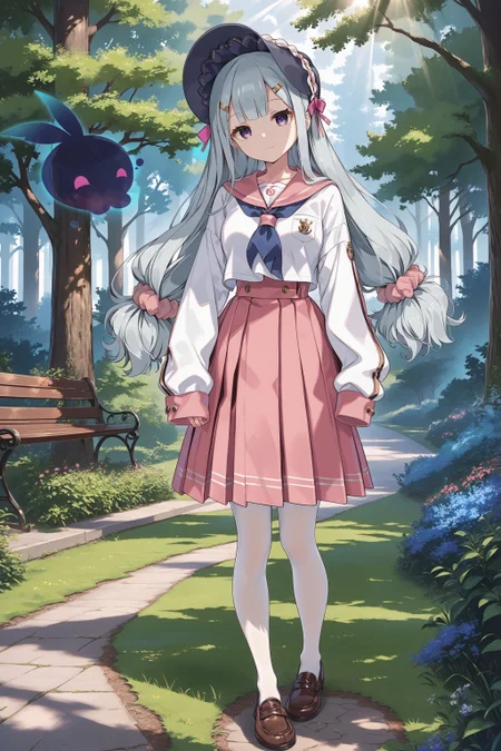 score_max, (score_9, score_8_up, score_7_up:1.2), score_6_up, official art, source_anime,
, masterpiece, absurdres, high detail, 8k,
park, forest, god rays,
standing, bored, light smile, looking at viewer, black ghost,
, rubetti, low-tied long hair, bonnet, hat ribbon, hairclip, hair scrunchie, serafuku, pink sailor collar, white shirt, long sleeves, sleeves past fingers, blue neckerchief, pleated skirt, pink skirt, frills, white pantyhose, loafers
<lora:XL_Pony_gomaotsu-ruberis-t1:1.0>