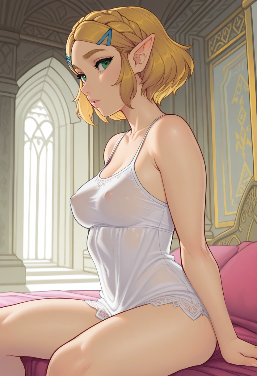masterpiece, best quality,
 <lora:Fizzz:1> F1z3t4zz,  1girl, solo, from side, sitting, spread legs, looking at viewer, princess zelda, short hair, blonde hair, white camisole, see-through clothes, covered nipples, indoors, bedroom, palace,