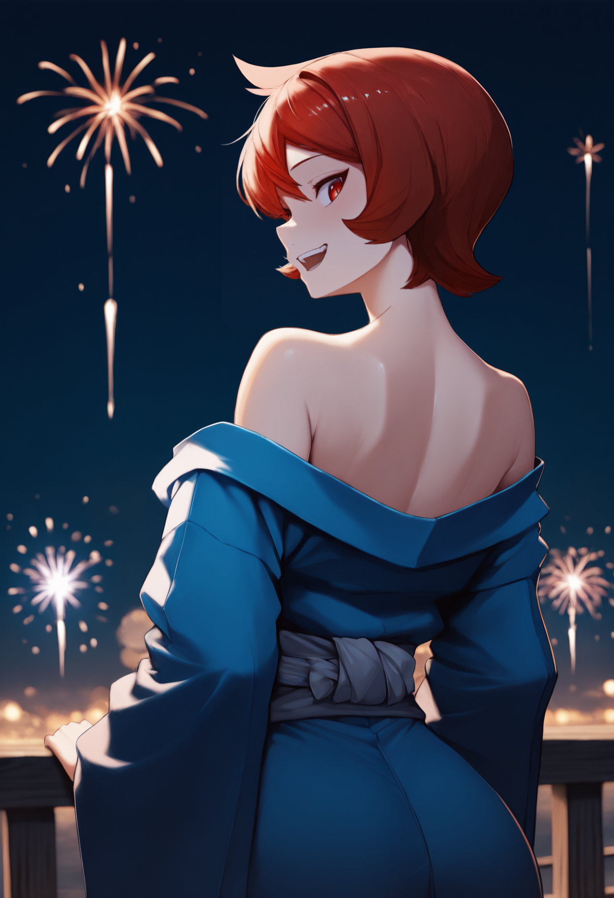 anime, masterpiece, best quality, newest, from behind, solo, 1girl, ar3zu, smile, open mouth, teeth, looking back, short hair, red hair, cowlick, red eyes, japanese clothes, blue kimono, off shoulder, grey sash, bare shoulders, outdoors, night, fireworks
<segment:yolo-face_yolov8m.pt,0.4,0.5//cid=1>