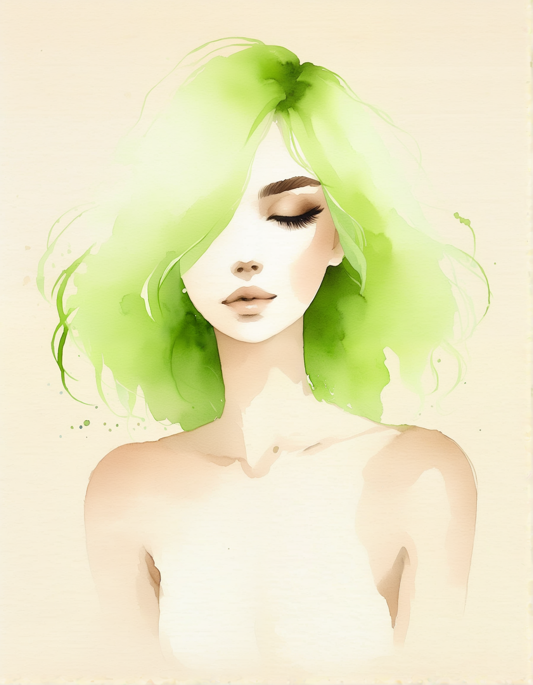 water colors, painting, 1girl, lime green hair, beautiful face, nude, beige background, rough paper