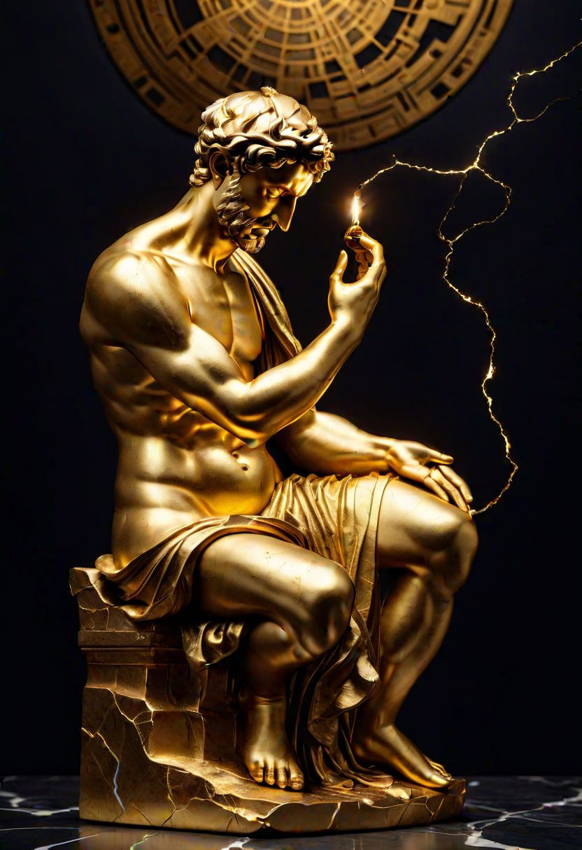greek statue of Michelangelo, meditation pose, (kintsugi),  reimagined by industrial light and magic,black, gold, cracks, highly detailed, award-winning photo, realistic, high contrast, depth of field,perspective,cinematic lighting,