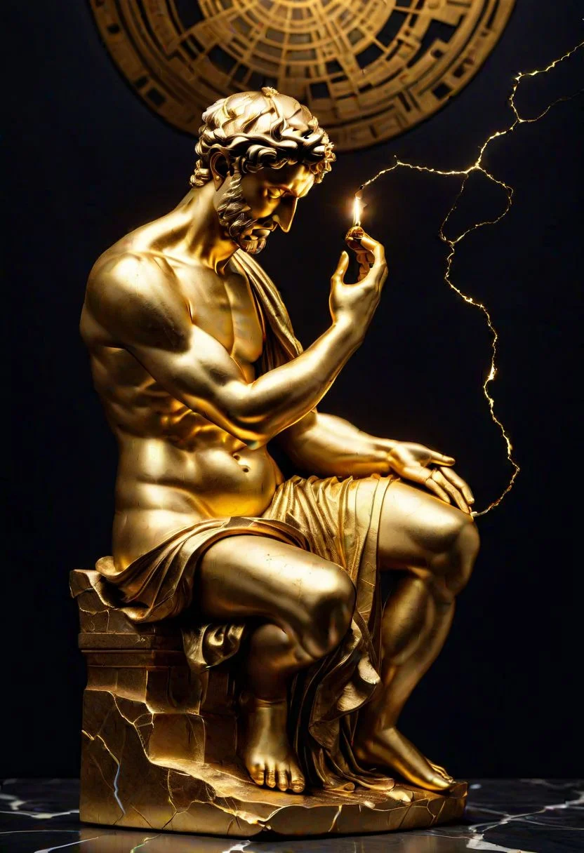 greek statue of Michelangelo, meditation pose, (kintsugi), reimagined by industrial light and magic,black, gold, cracks, highly detailed, award-winning photo, realistic, high contrast, depth of field,perspective,cinematic lighting,