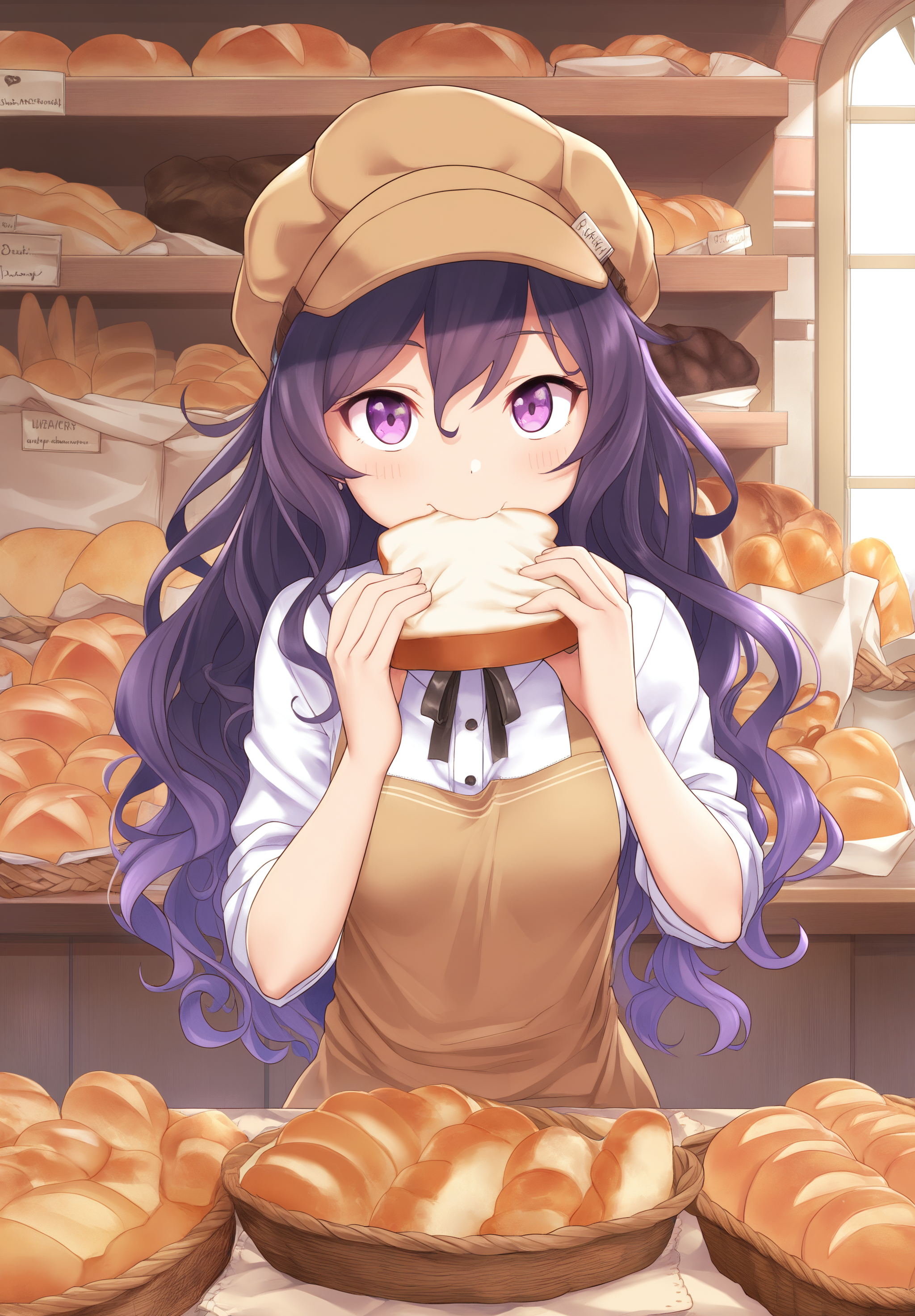 masterpiece,absurdres,best quality,high quality,<lora:KanabunXLV2 Vpred Noob:1>,1girl,bakery,eating bread,purple hair,wavy hair,looking at viewer,shirt,hat,small breasts,