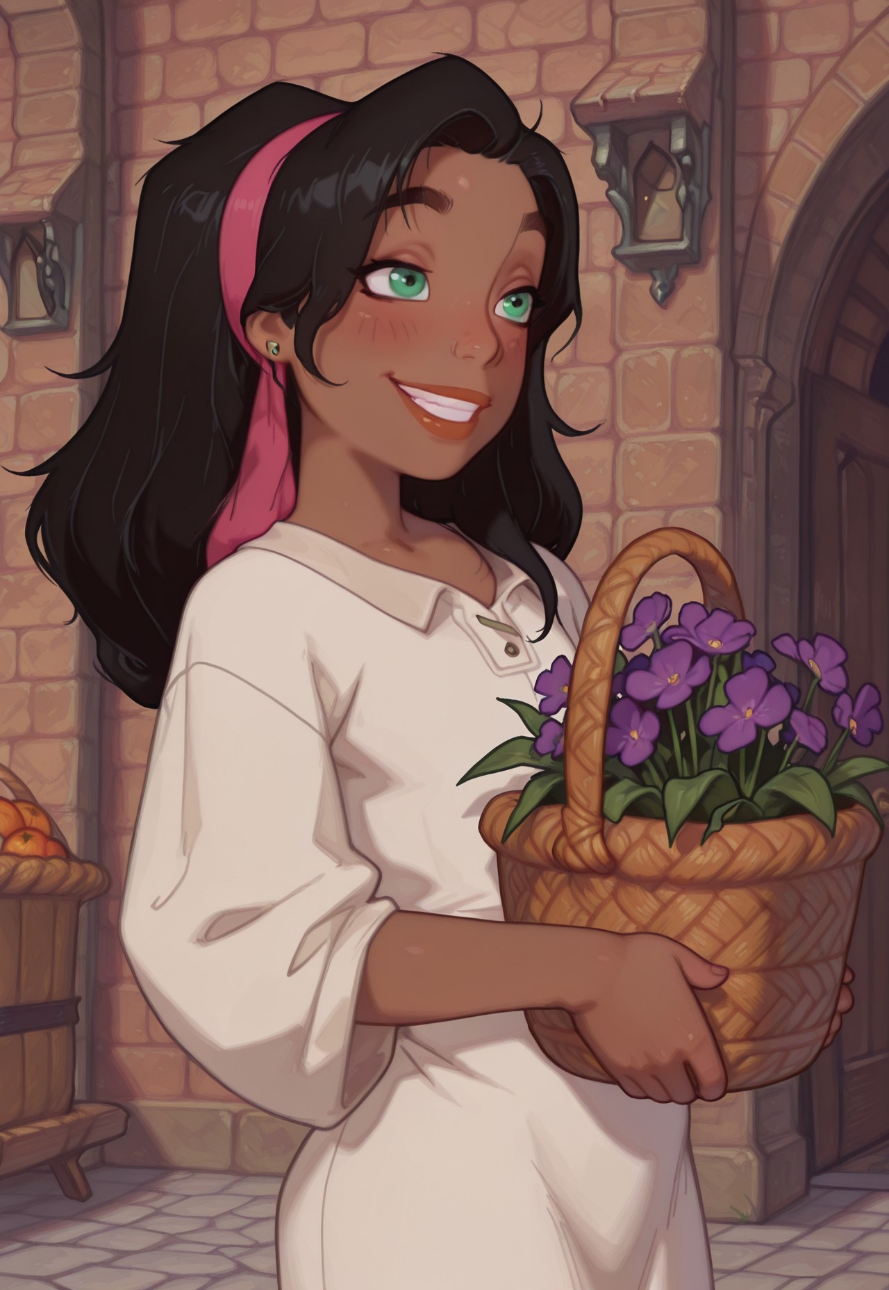 4k, fine detail, high quality eyes, masterpiece, best quality, amazing quality, geh1, 4s0r4, eigaka, possmach, artist:moriimee, 1 girl, solo girl, young, 3sm3r4ld4, black hair, long hair, hair band, green eyes, earrings, thick lips, dark-skinned female, peasant dress, basket of flowers, holding a basket of flowers, sincere smile, grin, laughter, blush, medieval market background, upper body,