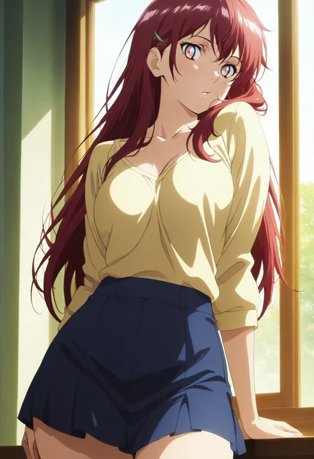 1girl, solo, cowboy shot, from front, looking at viewer, <lora:v0101_shoulder_to_cheek-000005:1.2>, shoulder_to_cheek, bare collarbone, masterpiece, best quality, high res image, Ultra realistic, Ultra detailed, extremely detailed hair, detailed face and eyes, straight_hair, clothes, skirt, breasts, waist, window,