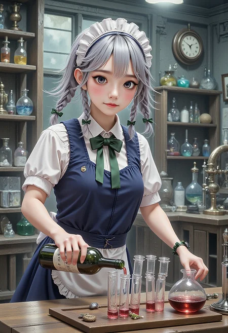 A masterpiece, ultrarealistic, natural colours of morning light, photorealistic scene, intricate interior of a laboratory, rich in detail, chemistry equipment in the background, a clock, (flat chest, lean, small-breasted, tiny tits, bustless, unbuxom, narrowed eyes, nothing clingy, no make-up, without make-up, adult:2),
flat chested experienced scientist Izayoi Sakuya with no make-up is leaning over table, holds a wine bottle and concentrates with narrowed eyes on pouring wine into a row of steaming test tubes lined on the table without paying attention to the viewer, slender, short silver hair, twin braids, green bows, green bowtie, loose blue maid uniform, mid dress, maid headdress, detached collar, white apron, pocket watch,
<lora:Hand v2:1.2> Detailed hand, Hand, Perfect hand,
<lora:ADetailerNetidolFace_flux:0.6>, ((realistic)), ((fair skin)), ((skinny)), 1girl, idol, jpop, kpop, belle, pretty, petite, parted lips, light smile,
<lora:best_of_flux_v30_rank64_bf16-step01750:1> best_of,