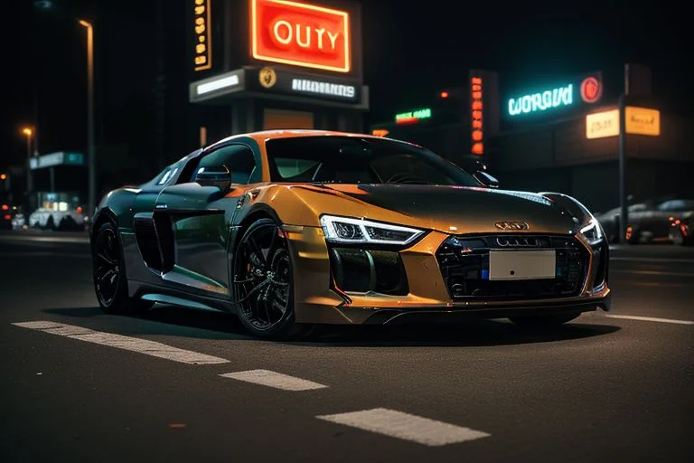 cars fantastic orange, [Audi R8], speed, intricate detail ,neon city background, city background, night, HD. Photograph , in table((realism)), extremely high quality RAW photograph, ultra detailed photograph, sharp focus, high resolution, (detailed skin:1,3),high quality, film grain, Fujifilm XT3,Highly Detailed, movie, (Cinematic Photo:1.3) of (Realistic:1.3)