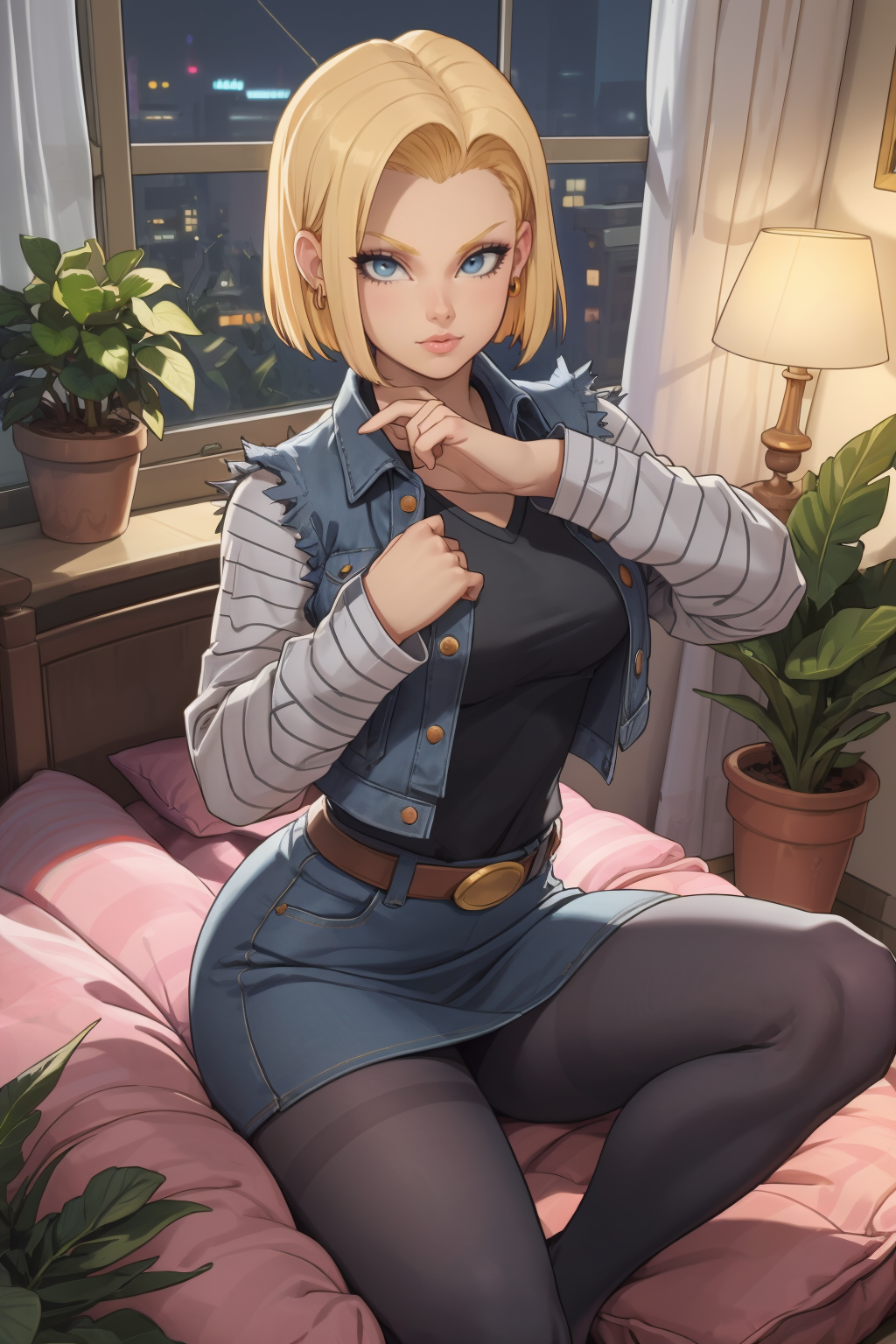 1girl, (solo:1.2), (looking at viewer:1.5), (interesting pose:1.2), (dynamic pose:1.2), (portait:1.3) <lora:Bartolomeobari [MockAi - v1.0]:1> bartolomeobari, expert shading, low contrast, clean lineart, (masterpiece:1.3), (best quality:1.3), (perfect anatomy:1.4), highly detailed, <lora:DB - Android 18 [AsuraAI - v1.0]:0.85> android18, earrings, denim, belt, blonde hair, blue eyes, short hair, jewelry, (denim vest:1.2), open vest, black pantyhose, black shirt, denim skirt, (white striped long sleeves), blue skirt, large breasts, (cozy bedroom:1.5), (warm lighting:1.3), (lots of pillows:1.2), slightly messy, inside, nighttime, (large house plants:1.3), colorful bedsheets, single person bed, curtains,
