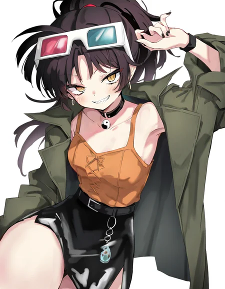ananlee,1girl,solo,looking at viewer,sunglasses,white background,simple background,cowboy shot,<lora:ananlee-000012:1>,smile,black skirt,sharp teeth,, masterpiece, best quality, very aesthetic, absurdres,newest, incredibly absurdres,, toshizou \(0714\)