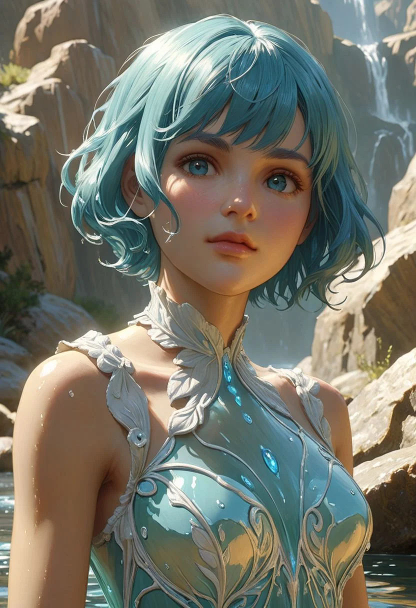 "Bill Willingham" Style.
Title: "Feminine Water Elemental".
She's made of pure Water.
She's staring the viewer, cute expression.
She has hot-cyan hair, pixie haircut.
Pristine Aesthetic.
Life-like details.
Cinematic. 
Dramatic. 
Dynamic. 
Extremely refined lines and and shapes.
Extremely refined details on objects.
Sharp details.
Wide range of colors.
Many details everywhere. Ray-Tracing. Anti-Aliasing. Realistic soft shadows. Low saturation colors. Insane quality. Insane resolution. Insane details. Masterpiece. 32k resolution.