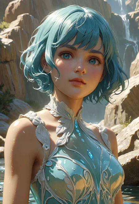 "Bill Willingham" Style.
Title: "Feminine Water Elemental".
She's made of pure Water.
She's staring the viewer, cute expression.
She has hot-cyan hair, pixie haircut.
Pristine Aesthetic.
Life-like details.
Cinematic.
Dramatic.
Dynamic.
Extremely refined lines and and shapes.
Extremely refined details on objects.
Sharp details.
Wide range of colors.
Many details everywhere. Ray-Tracing. Anti-Aliasing. Realistic soft shadows. Low saturation colors. Insane quality. Insane resolution. Insane details. Masterpiece. 32k resolution.