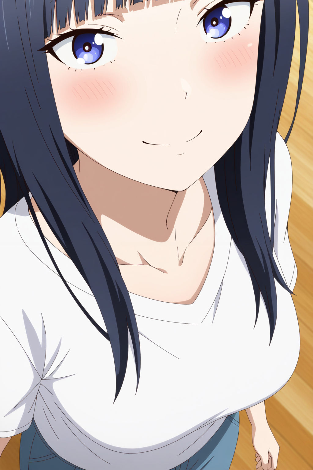 masterpiece, best quality, amazing quality, very aesthetic, absurdres, ultra detailed,
<lora:il_contrast_slider_d1 (Ð¦ÐÐÐ¢ ÐÐÐ Ð¢ÐÐÐÐ):-0.8>
 <lora:Riri Tenkuubashi:0.8> riri_tenkuubashi, 1girl,
white T-shirt, blue pants,
portrait, smile,
view from above, body is visible, medium breasts are visible from under the shirt,,