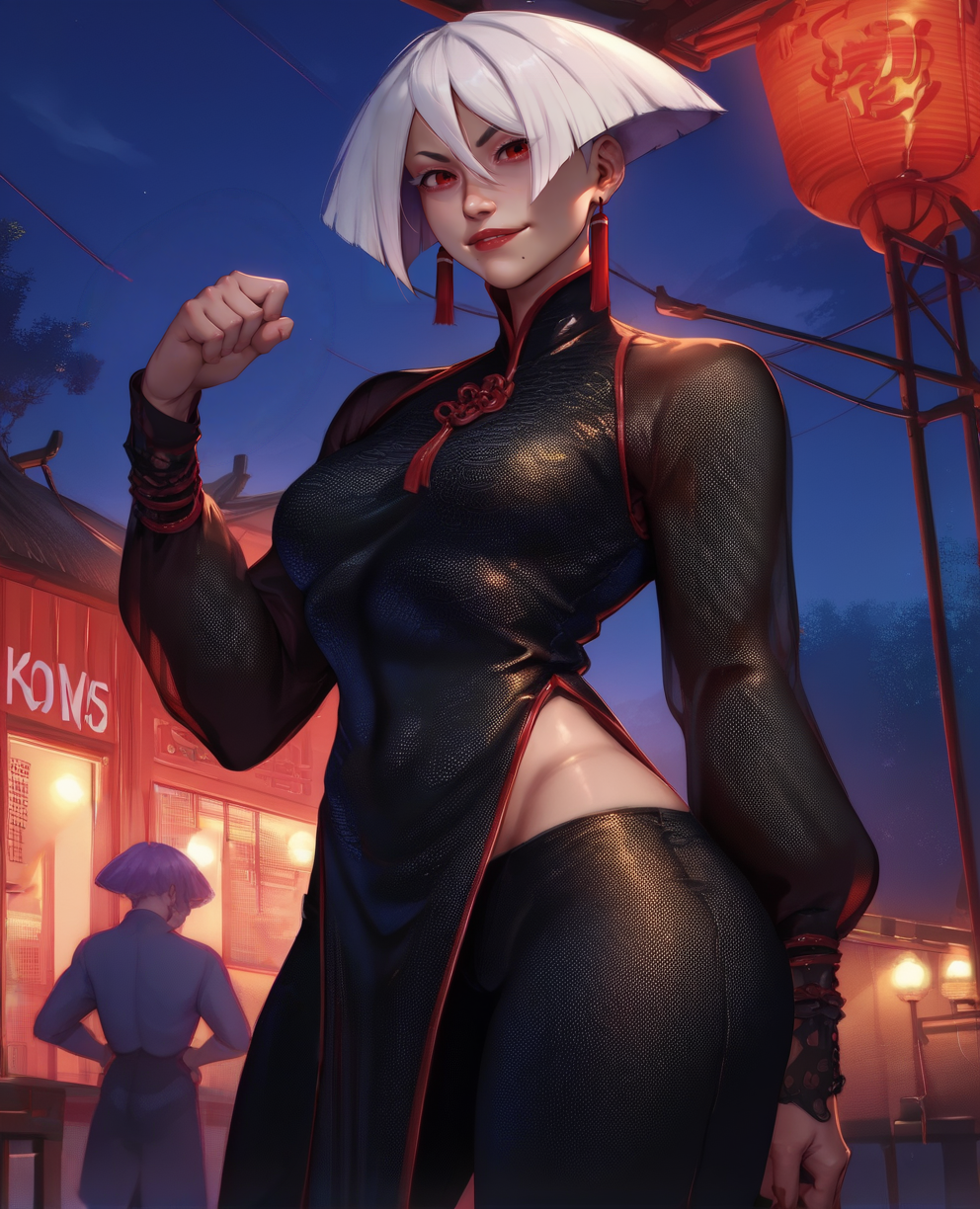 score_9,score_8_up,score_7_up,score_6_up,score_5_up,score_4_up,
akixl,white hair,red eyes,red lips,earrings,
black chinese clothes,see-through long sleeves,pants,
outdoors,night,china town,<lora:AKI:0.9>,smirk,solo,