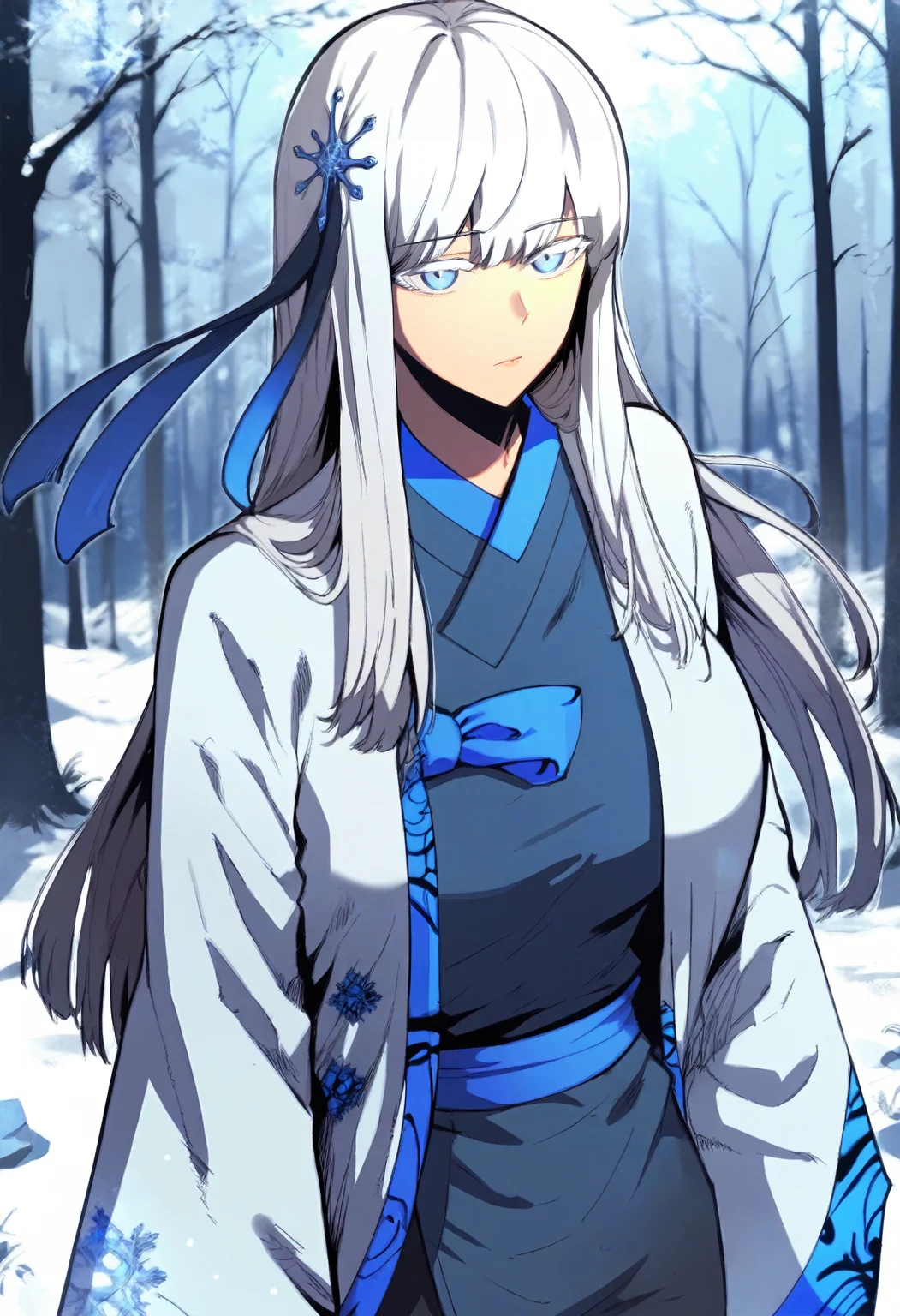 score_9, score_8_up, score_7_up, score_6_up, source_anime, rating_explicit, 1girl, solo, huge breasts, <lora:Syris Endorma prefectPonyxl:0.9> long hair, white hair, blue eyes, snowflake hair ornament, colored eyelashes, hair ribbon, blue ribbon, sidelocks, white robe, japanese clothes, (kimono:1.1), long sleeves, wide sleeves, black pants, expressionless, forest, outdoors, looking at viewer