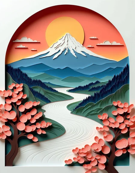 Paper quilling, layered paper scenery of mount fuji with blossom trees at the bottom. <lora:Paper_Quilling_And_Layered_Paper_Style:1>